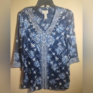Chicos Top Beaded Embroidered Boho Coastal Beach Tunic Top